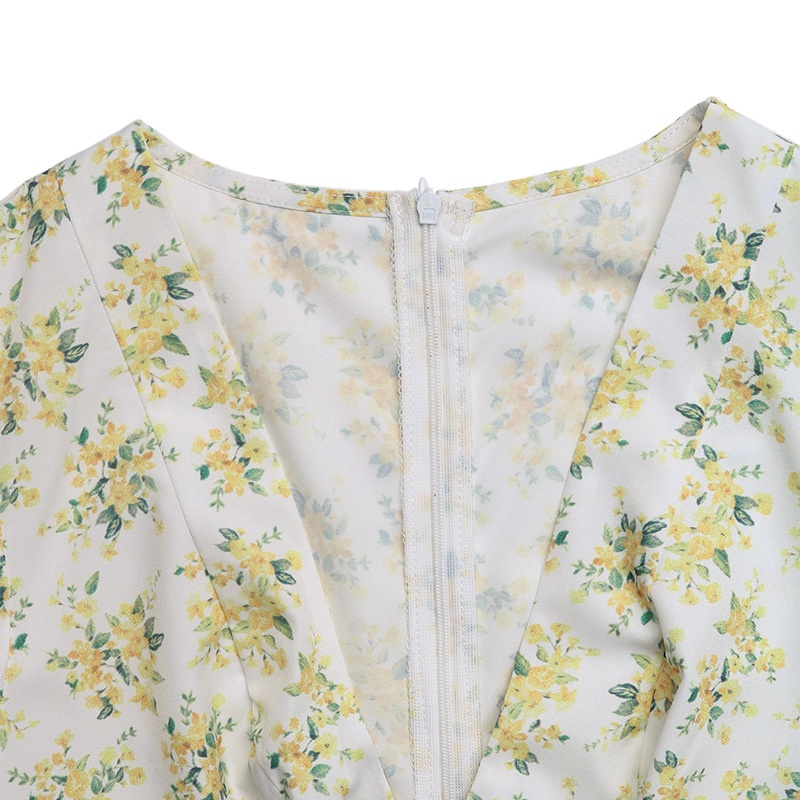 Robe courte à manches bouffantes et nœud sur le devant, à imprimé floral - Jaune et blanc