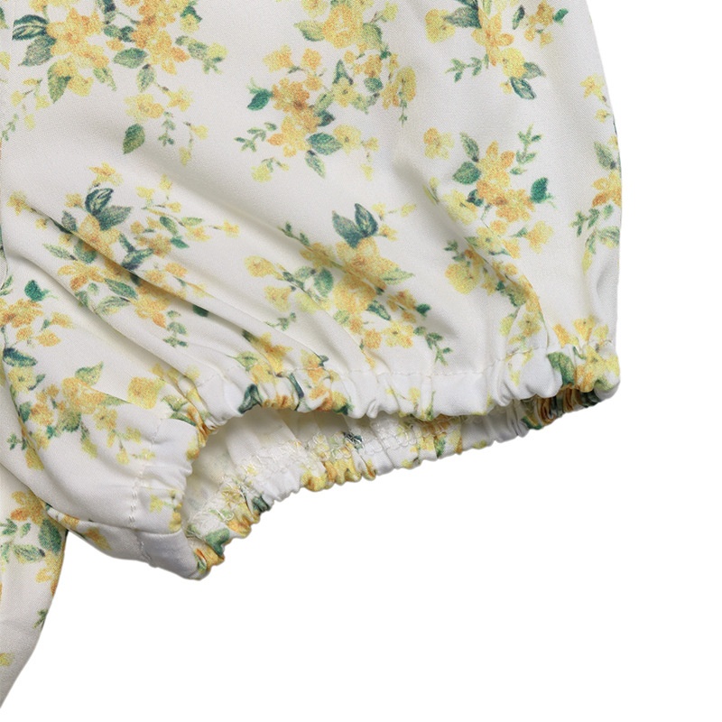 Robe courte à manches bouffantes et nœud sur le devant, à imprimé floral - Jaune et blanc