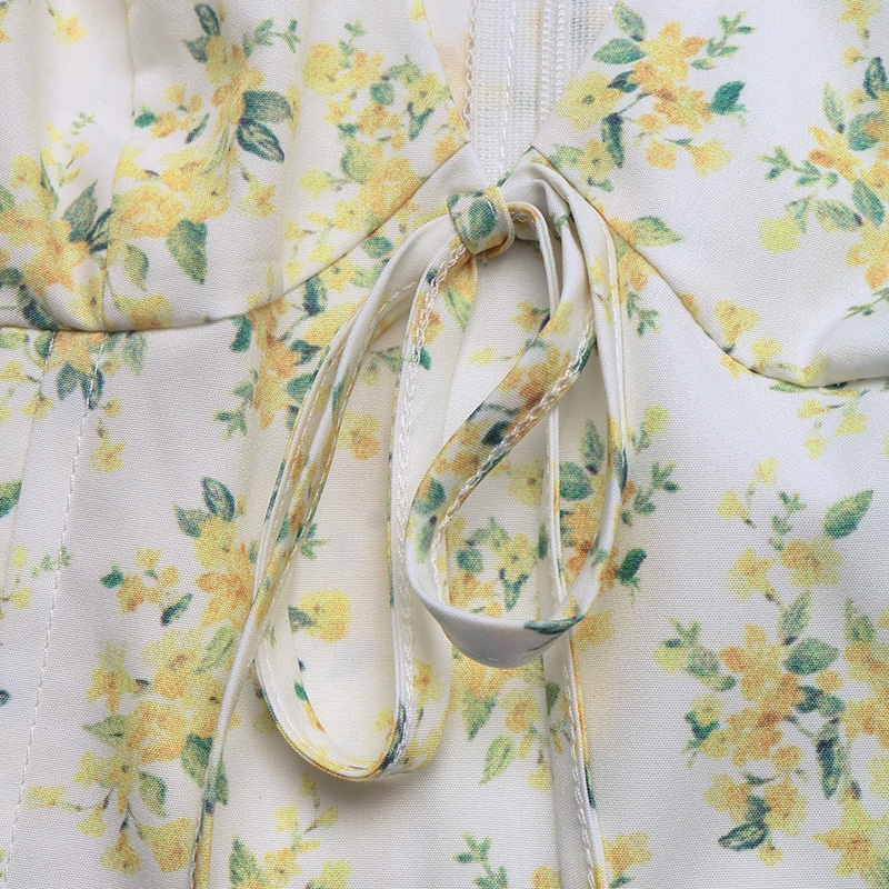 Robe courte à manches bouffantes et nœud sur le devant, à imprimé floral - Jaune et blanc