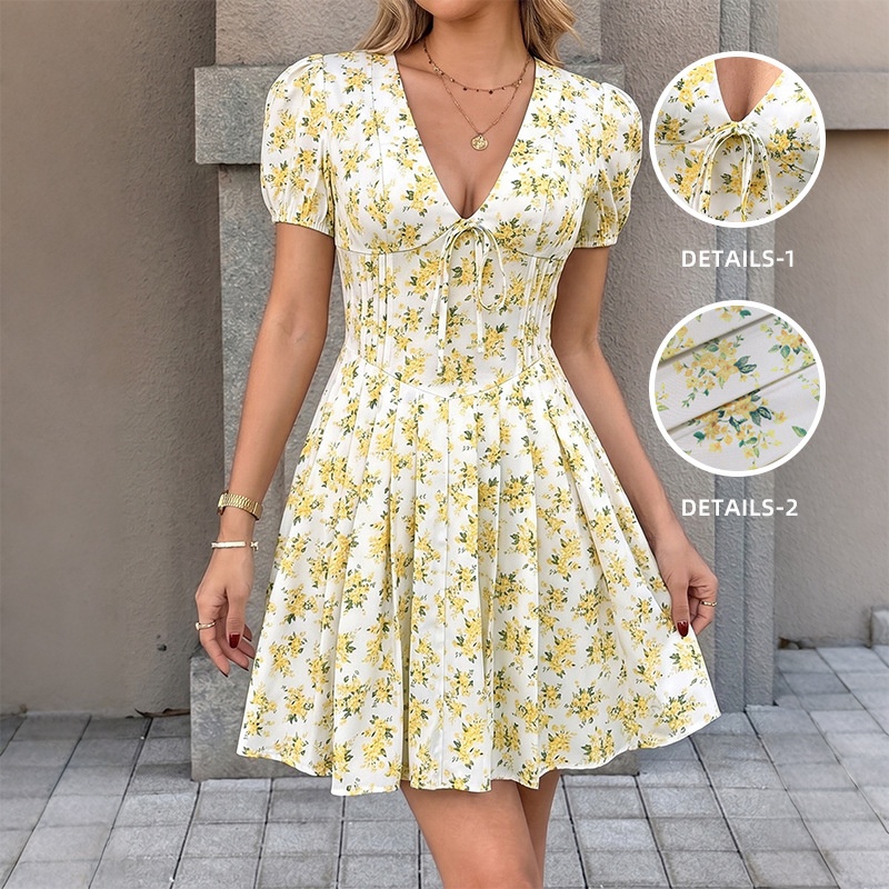Robe courte à manches bouffantes et nœud sur le devant, à imprimé floral - Jaune et blanc