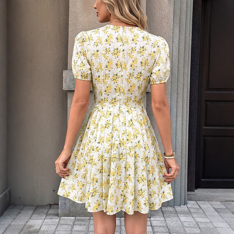 Robe courte à manches bouffantes et nœud sur le devant, à imprimé floral - Jaune et blanc
