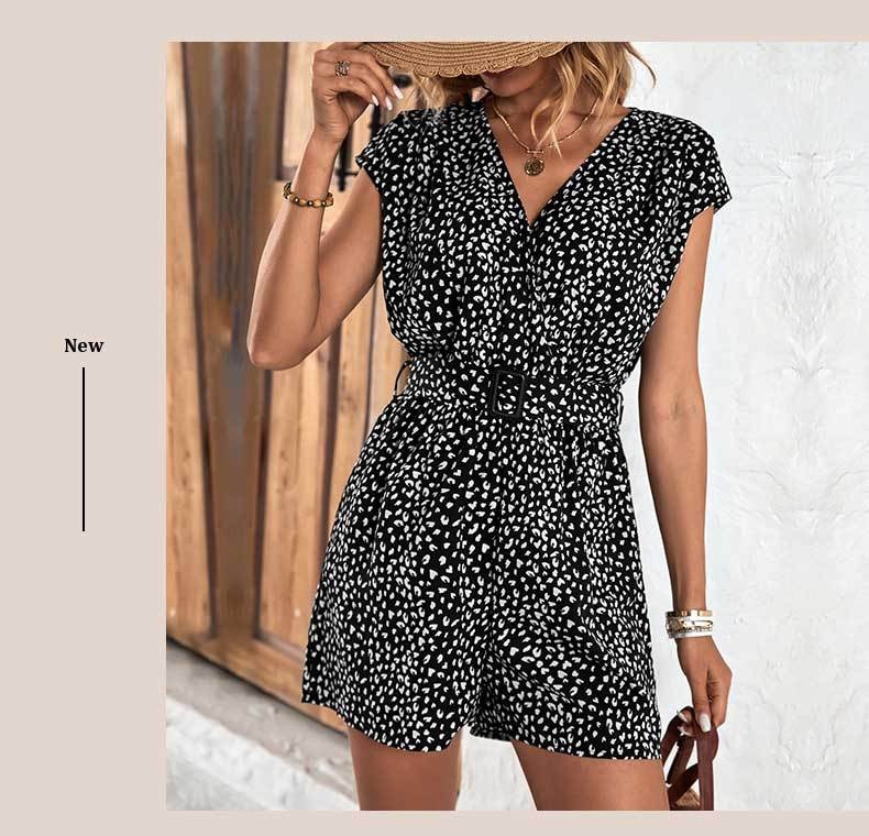 Printed V-Neck Belted Romper Playsuit