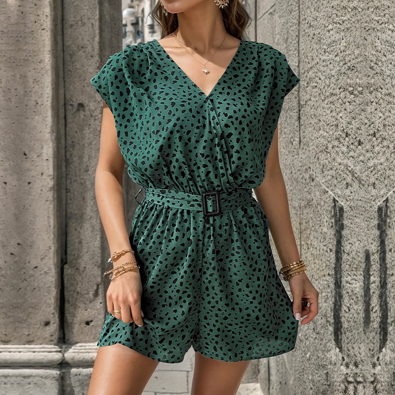 Printed V-Neck Belted Romper Playsuit