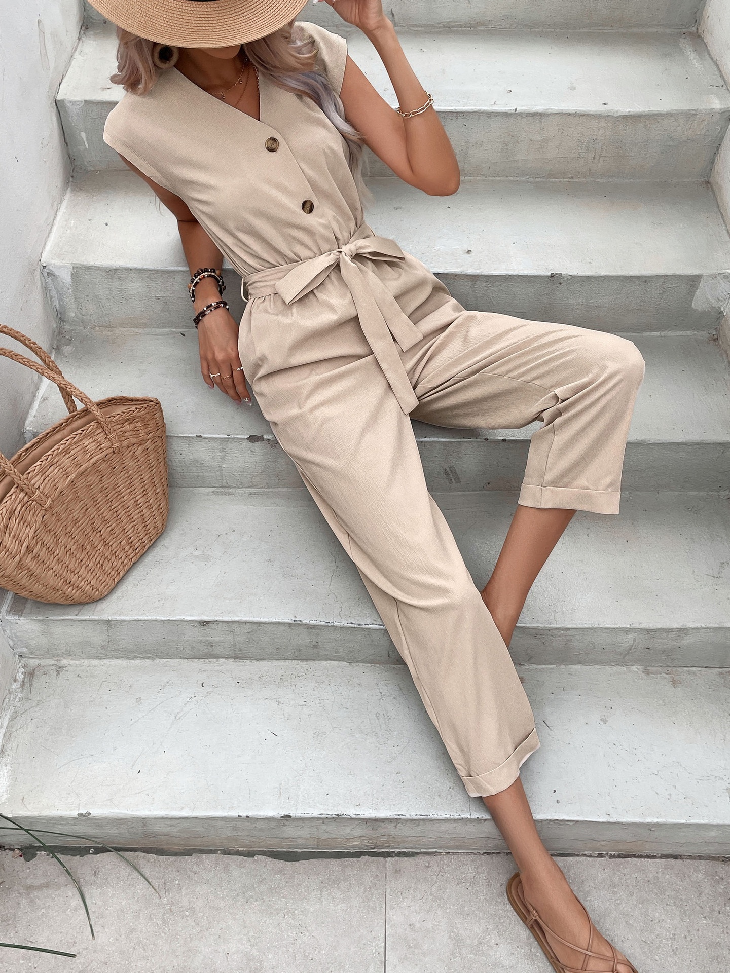 Sleeveless V-Neck Button Tie-Waist Jumpsuit