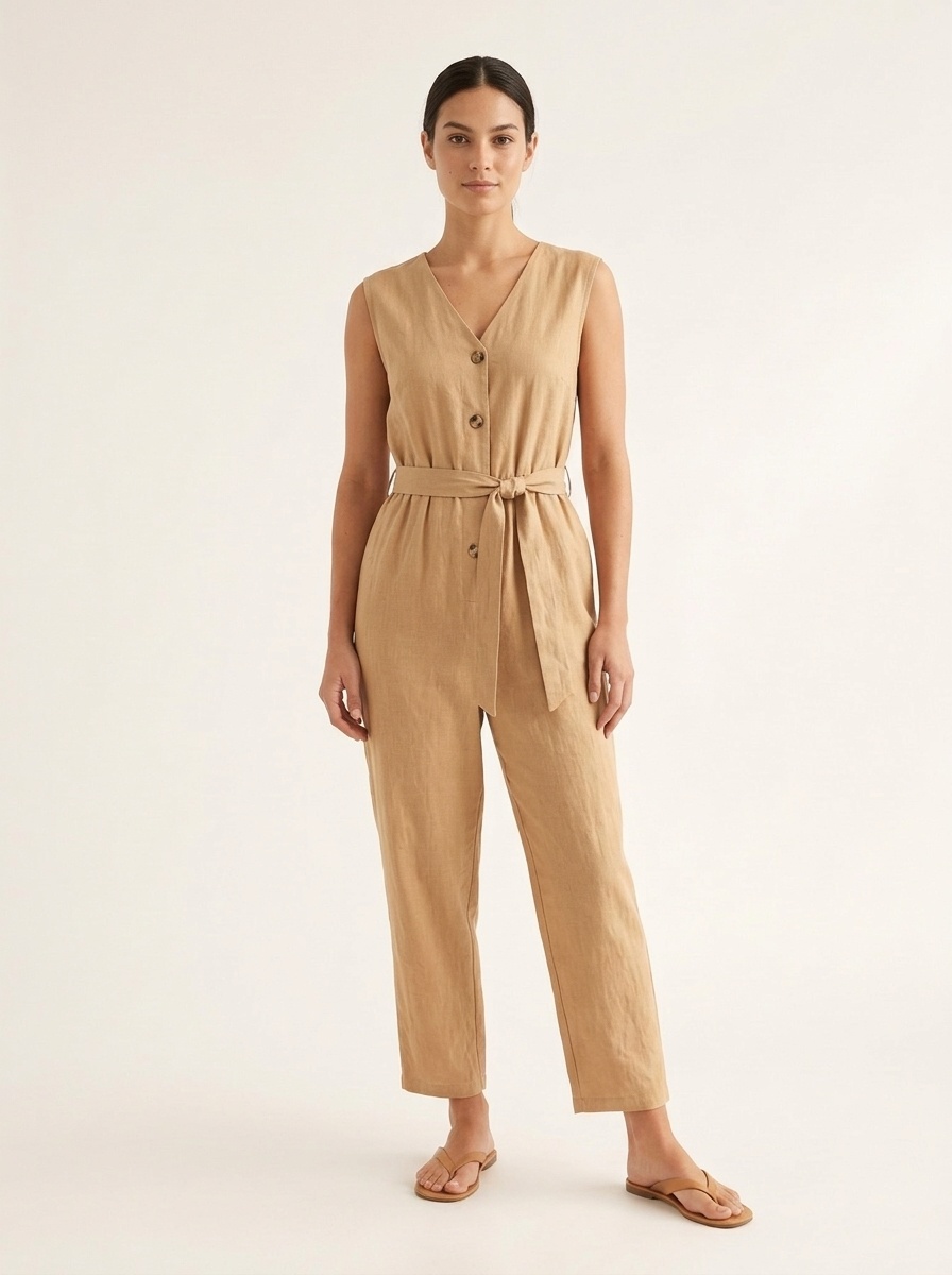 Sleeveless V-Neck Button Tie-Waist Jumpsuit