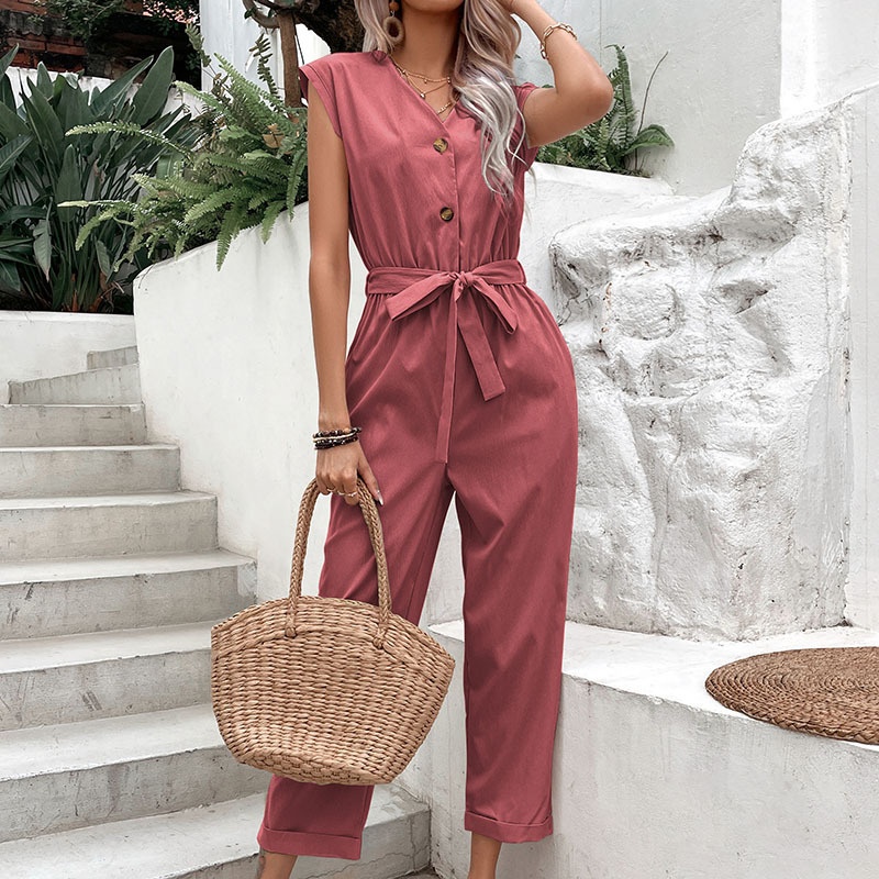 Sleeveless V-Neck Button Tie-Waist Jumpsuit