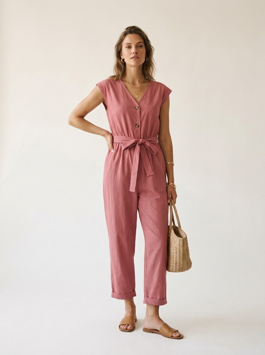 Sleeveless V-Neck Button Tie-Waist Jumpsuit