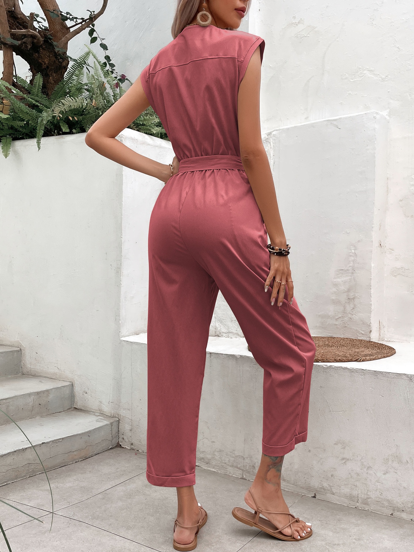 Sleeveless V-Neck Button Tie-Waist Jumpsuit