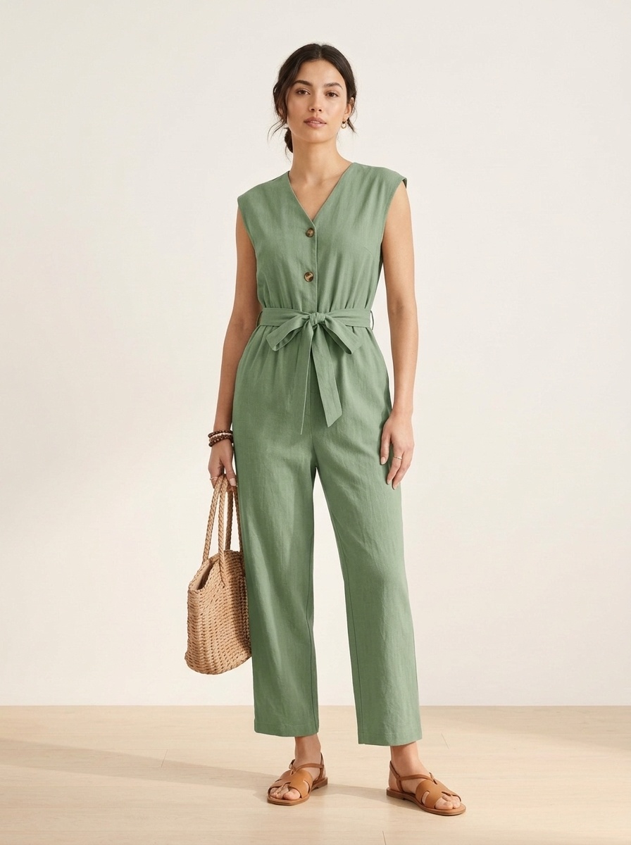 Sleeveless V-Neck Button Tie-Waist Jumpsuit