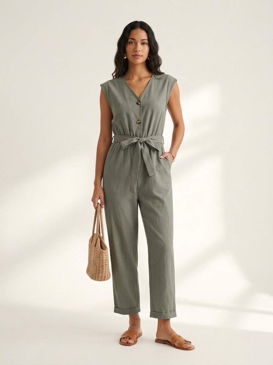 Sleeveless V-Neck Button Tie-Waist Jumpsuit