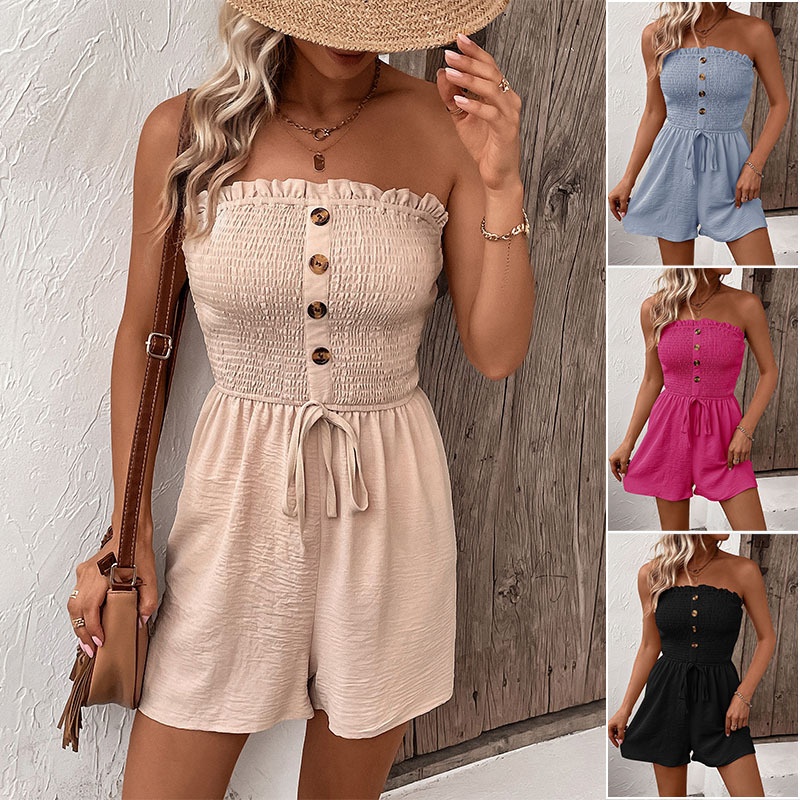 Smocked Strapless Romper - Button Front Drawstring Waist