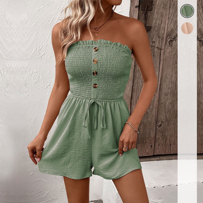 Smocked Strapless Romper - Button Front Drawstring Waist