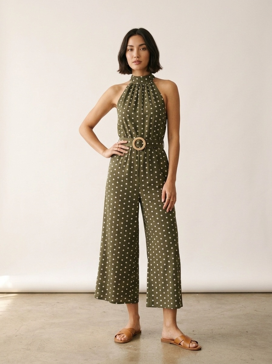 Polka Dot Halter Neck Wide Leg Jumpsuit
