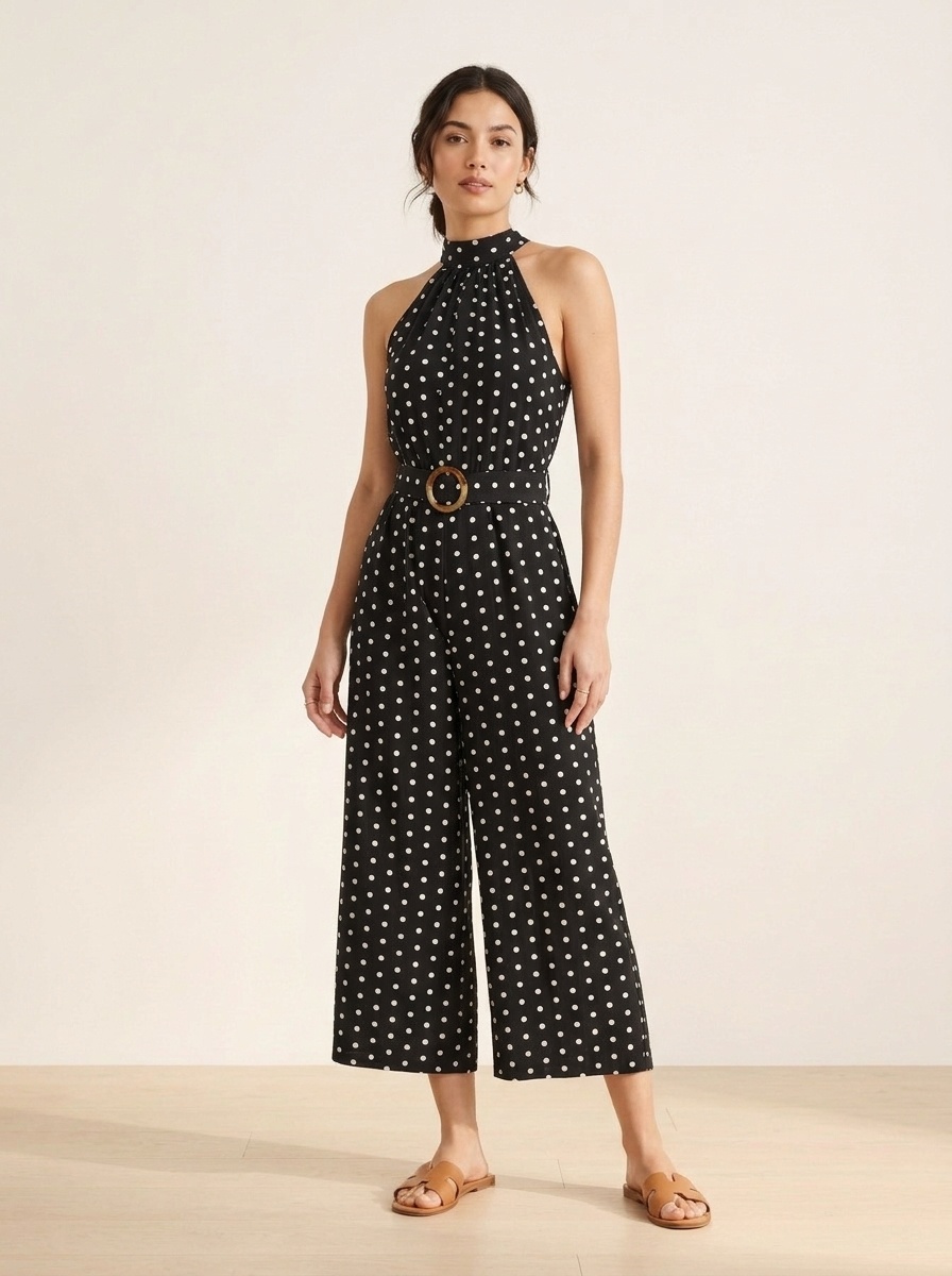 Polka Dot Halter Neck Wide Leg Jumpsuit