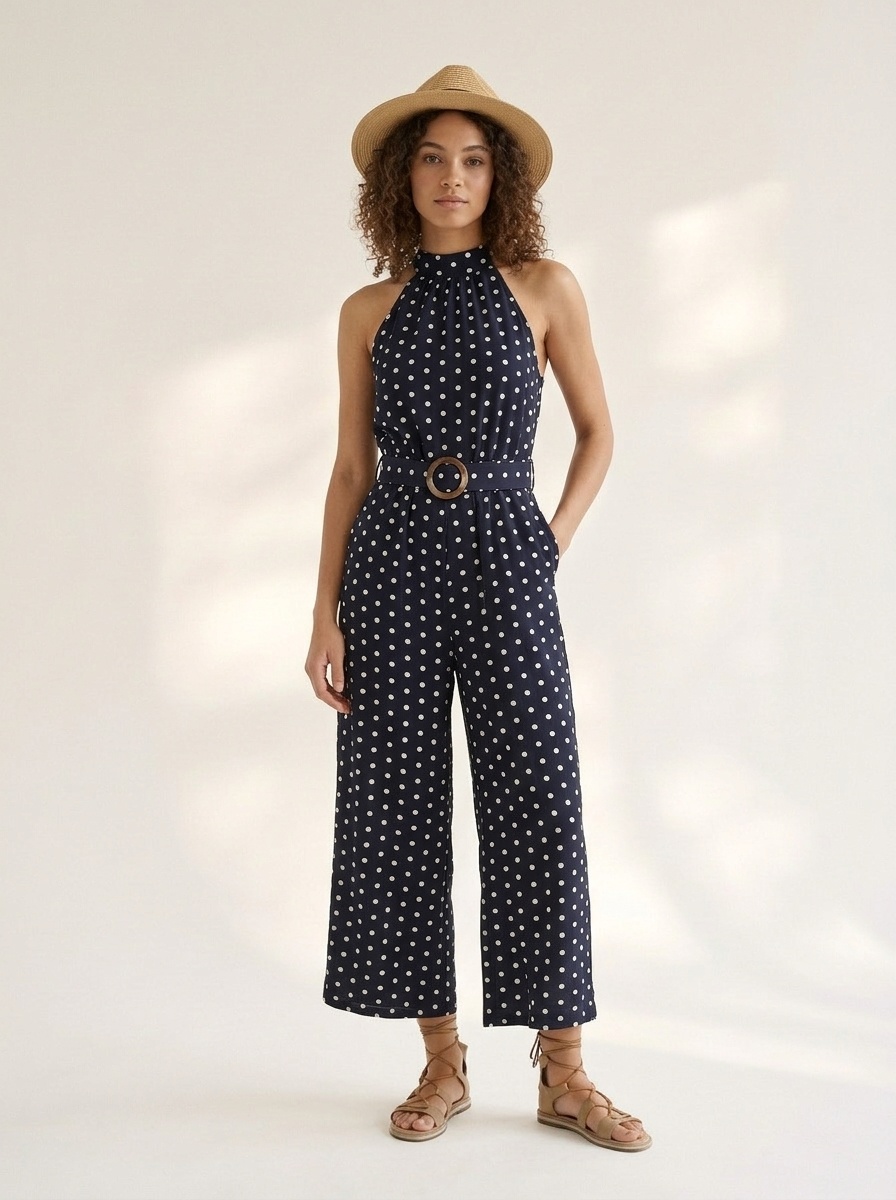 Polka Dot Halter Neck Wide Leg Jumpsuit