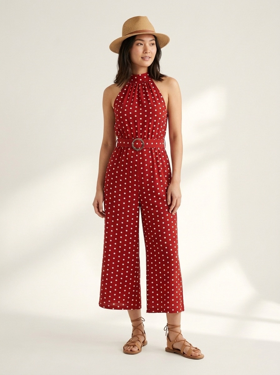 Polka Dot Halter Neck Wide Leg Jumpsuit