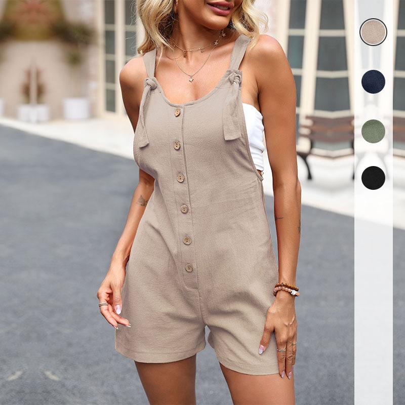 Women's Casual Button Front Tie Strap Short Romper Jumpsuit