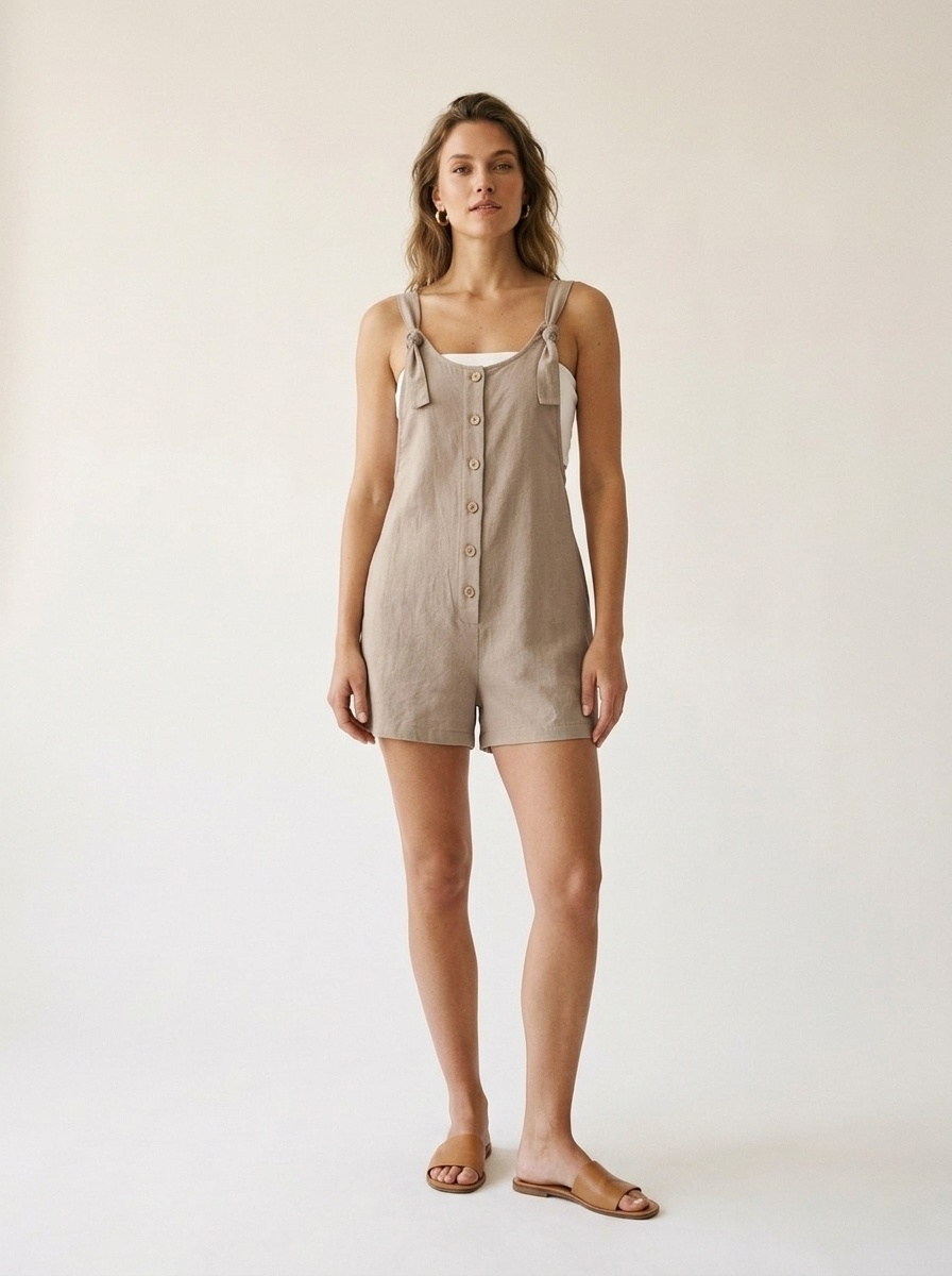 Women's Casual Button Front Tie Strap Short Romper Jumpsuit