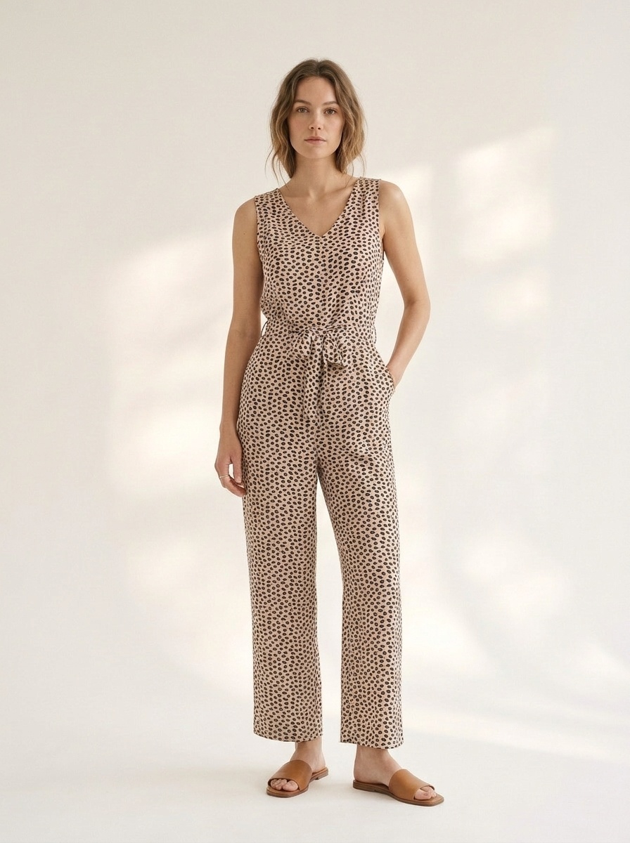 Women's Sleeveless V-Neck Tie Waist Wide Leg Jumpsuit