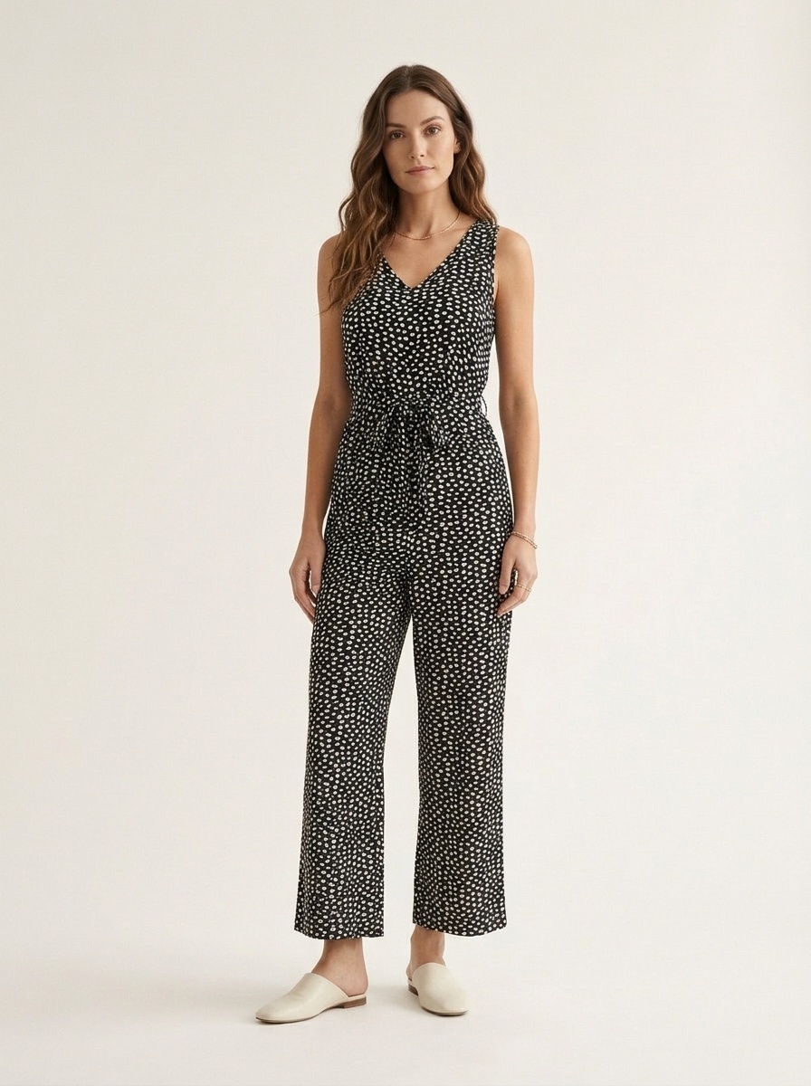 Women's Sleeveless V-Neck Tie Waist Wide Leg Jumpsuit