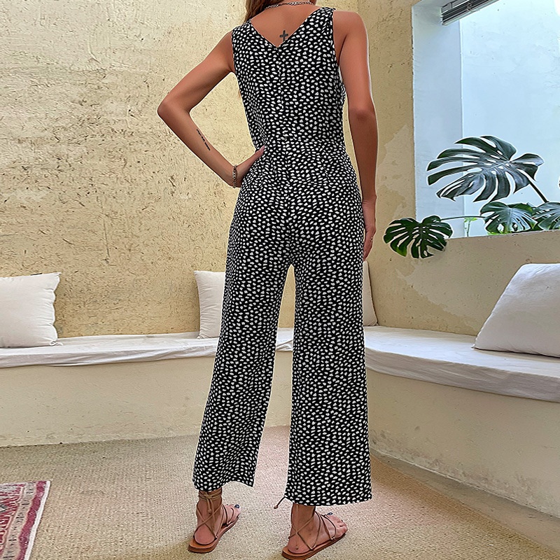 Women's Sleeveless V-Neck Tie Waist Wide Leg Jumpsuit