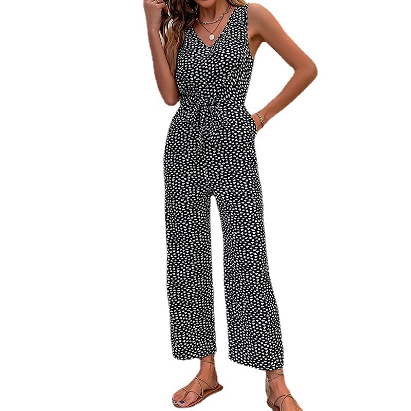 Women's Sleeveless V-Neck Tie Waist Wide Leg Jumpsuit