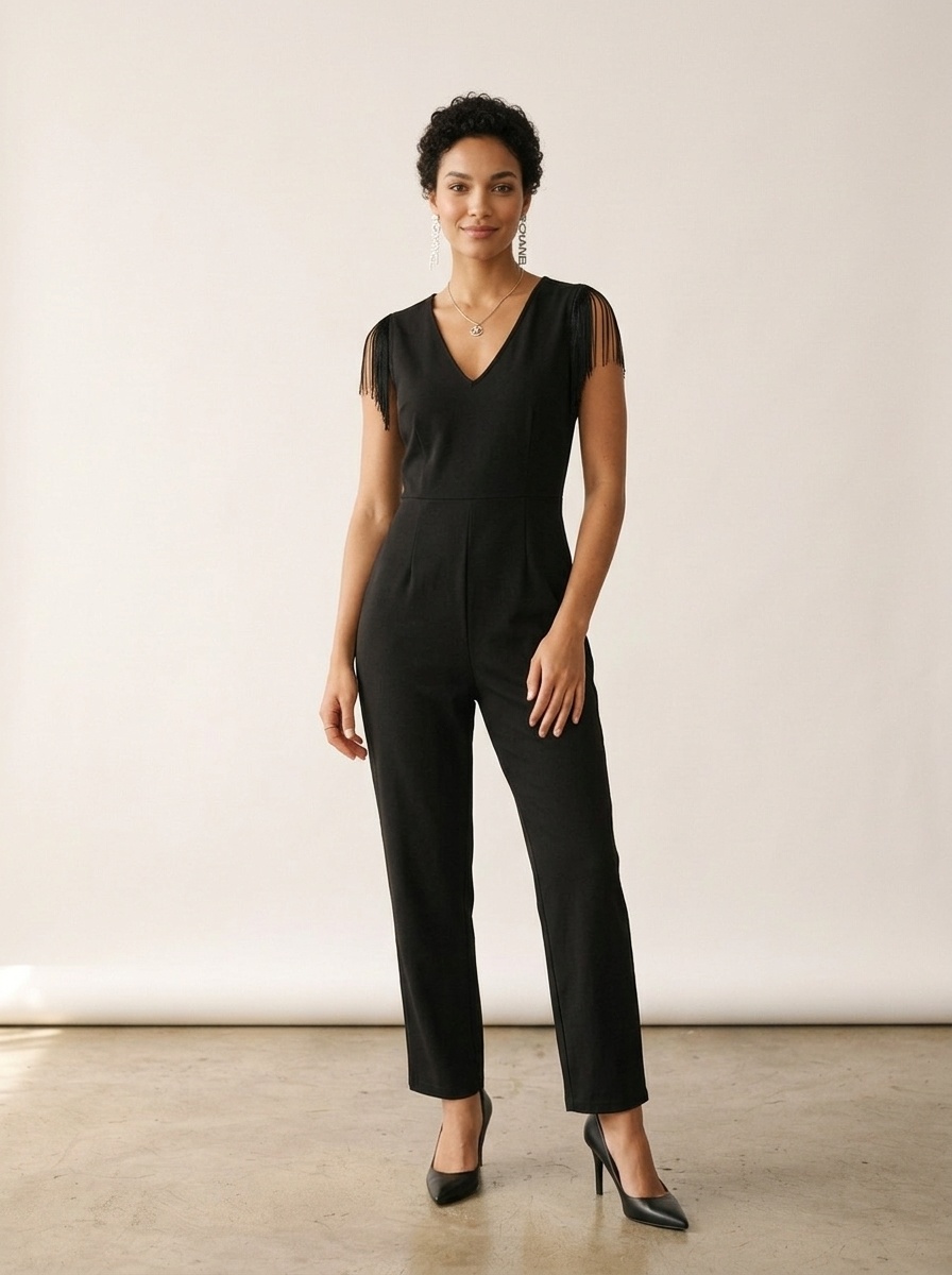 Elegant Black V-Neck Jumpsuit with Fringe Shoulder Detail