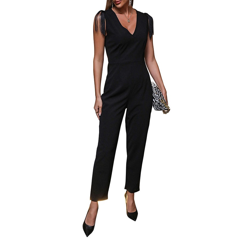 Elegant Black V-Neck Jumpsuit with Fringe Shoulder Detail