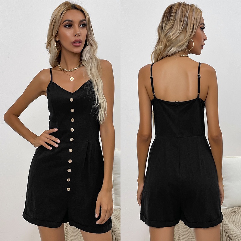 Black Button-Front Spaghetti Strap Romper