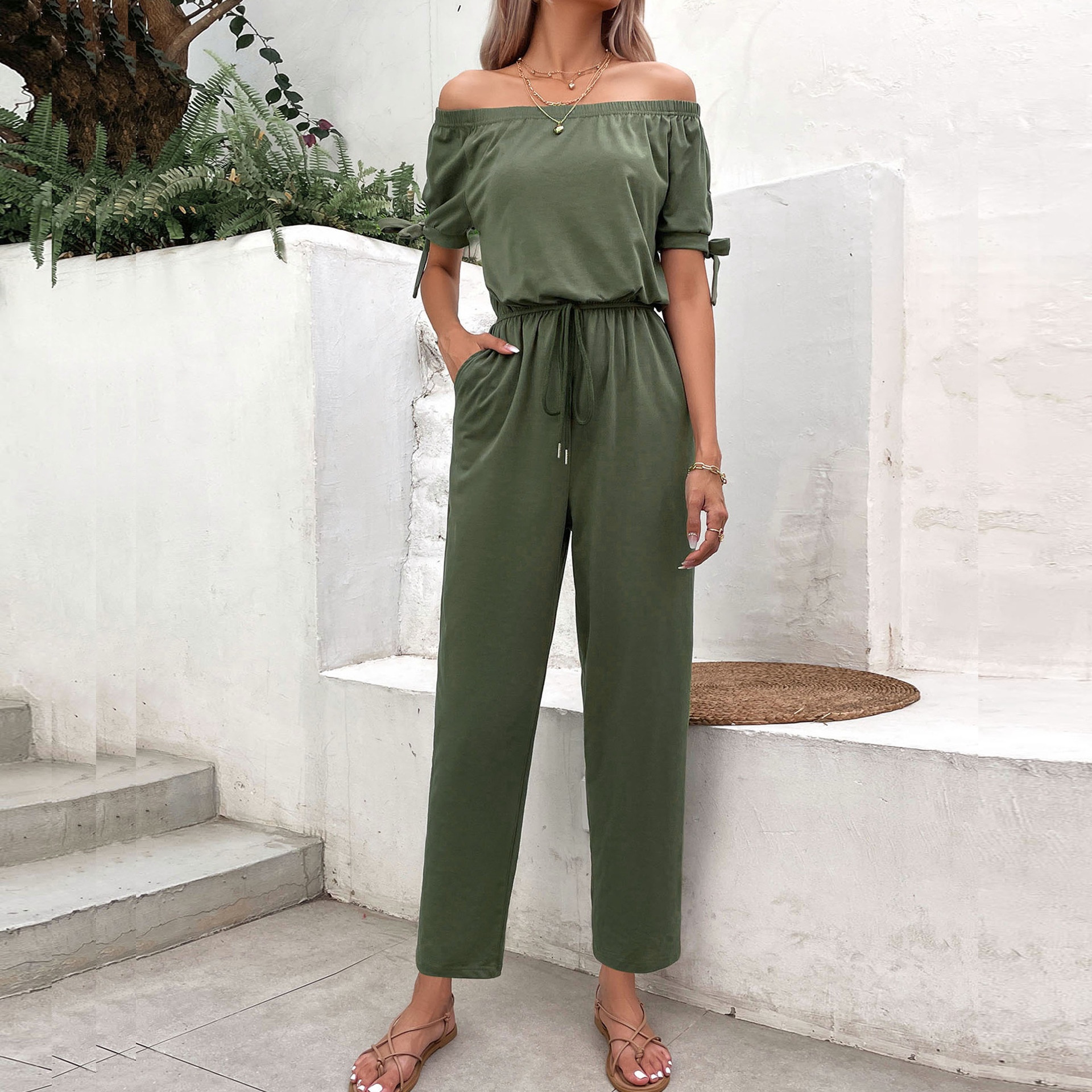 Women's Off Shoulder Drawstring Waist Jumpsuit