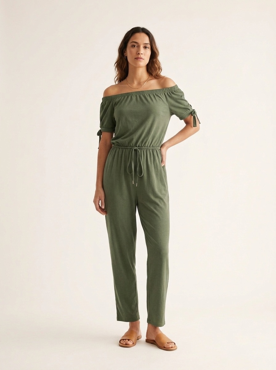 Women's Off Shoulder Drawstring Waist Jumpsuit