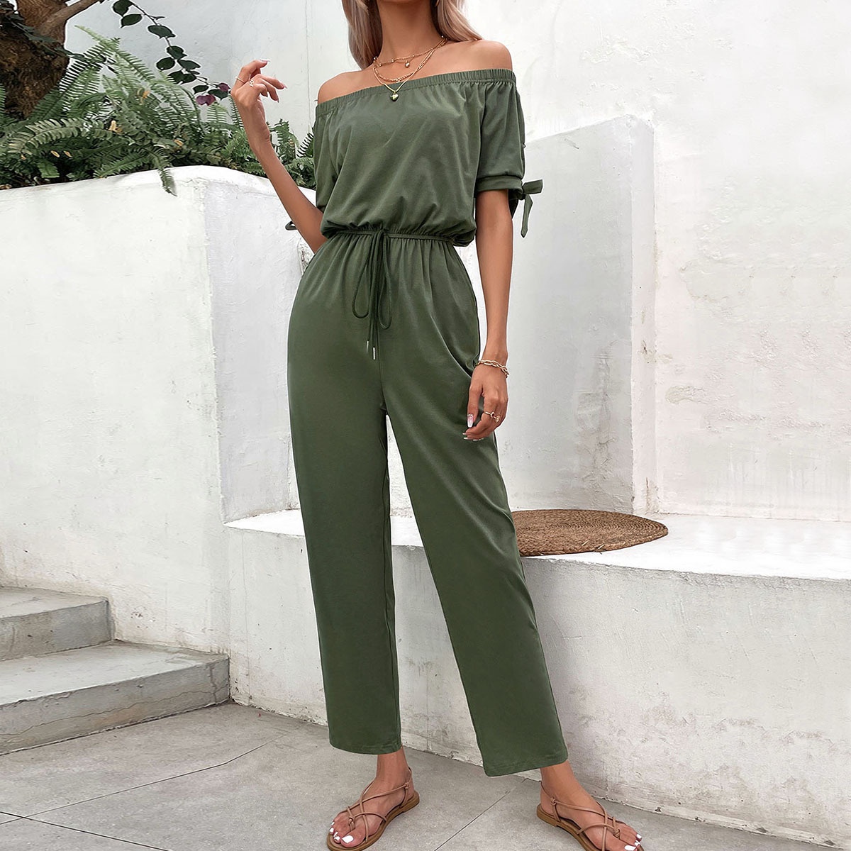 Women's Off Shoulder Drawstring Waist Jumpsuit