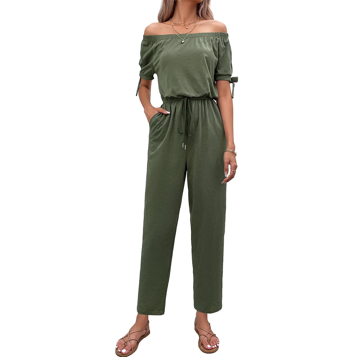 Women's Off Shoulder Drawstring Waist Jumpsuit