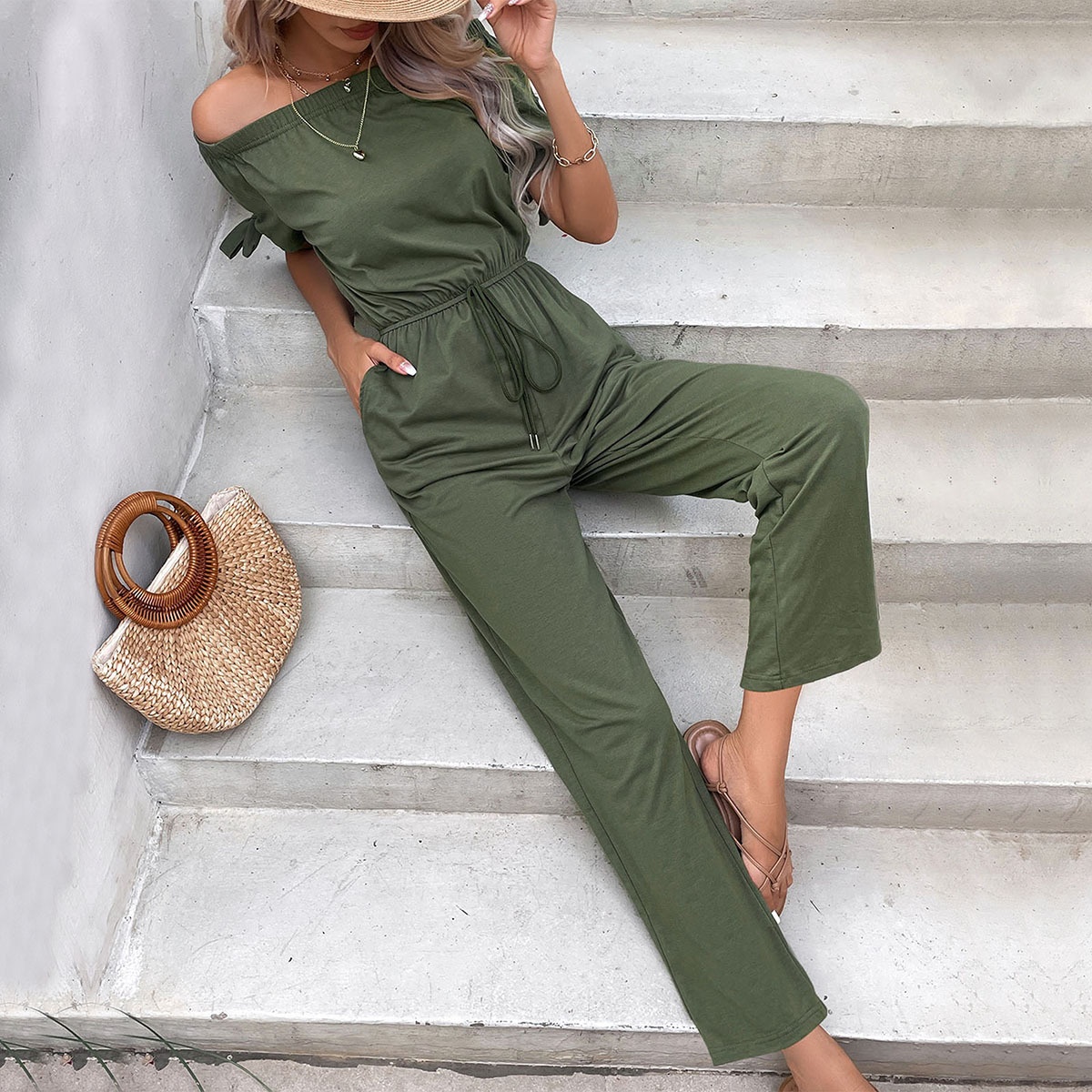 Women's Off Shoulder Drawstring Waist Jumpsuit