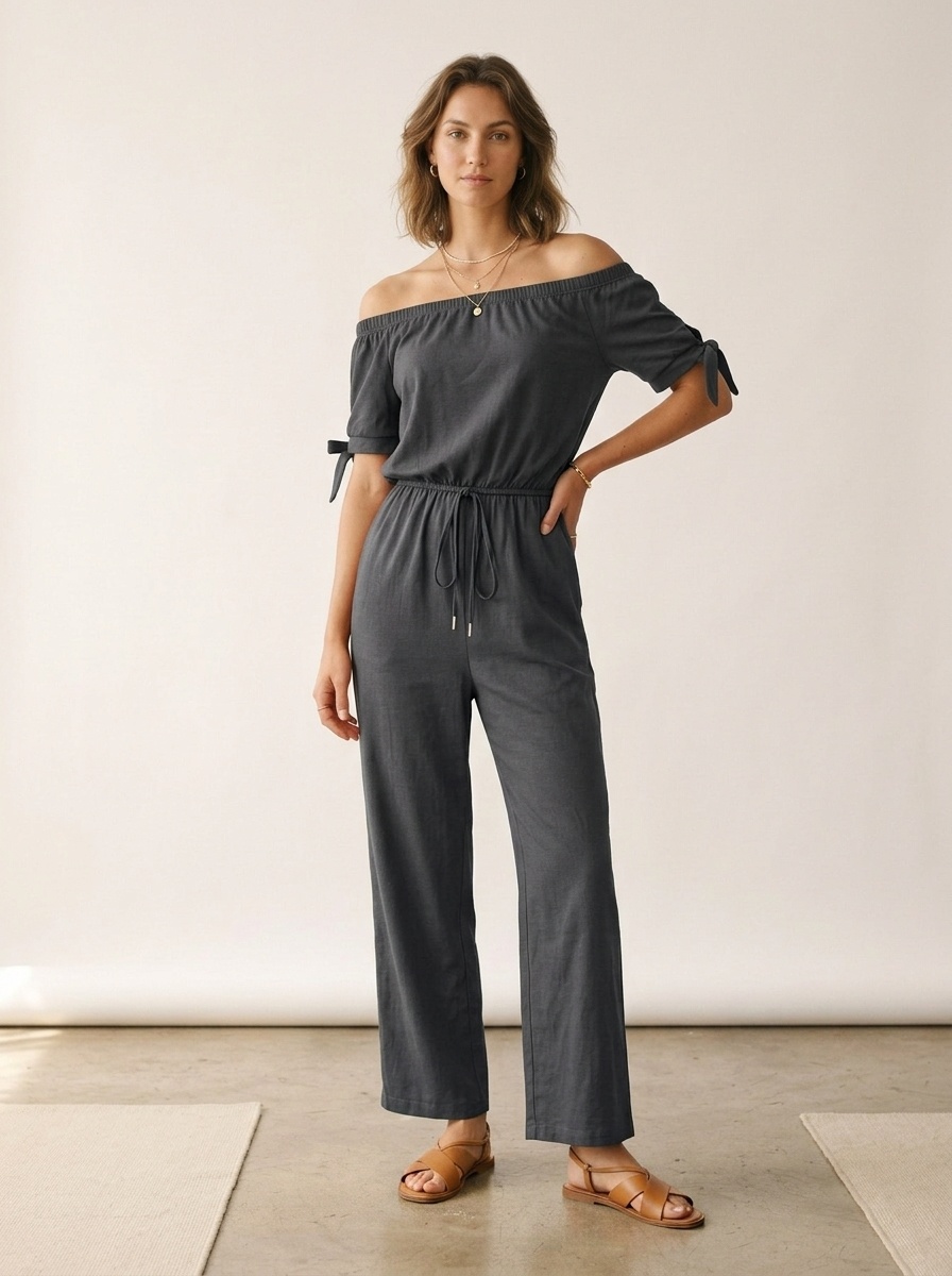 Women's Off Shoulder Drawstring Waist Jumpsuit