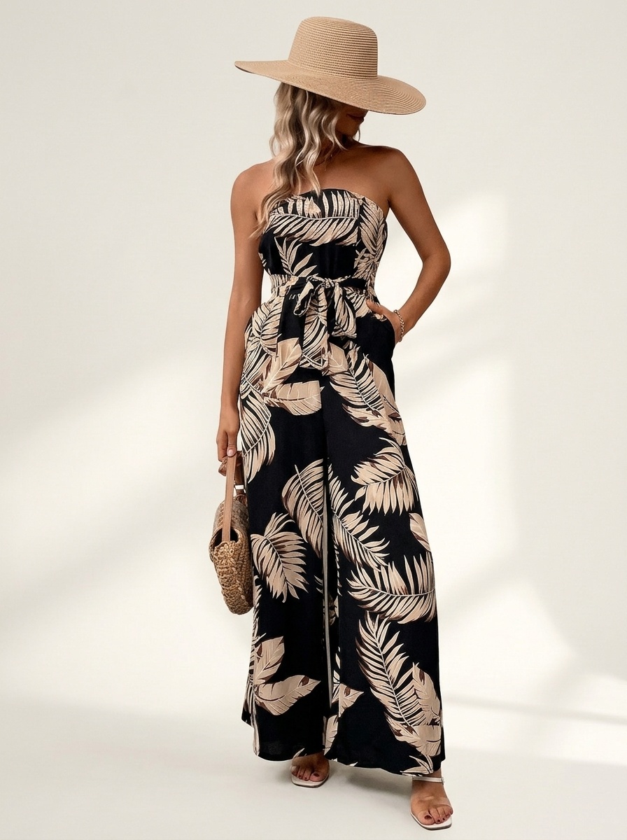 Strapless Tropical Print Wide Leg Jumpsuit
