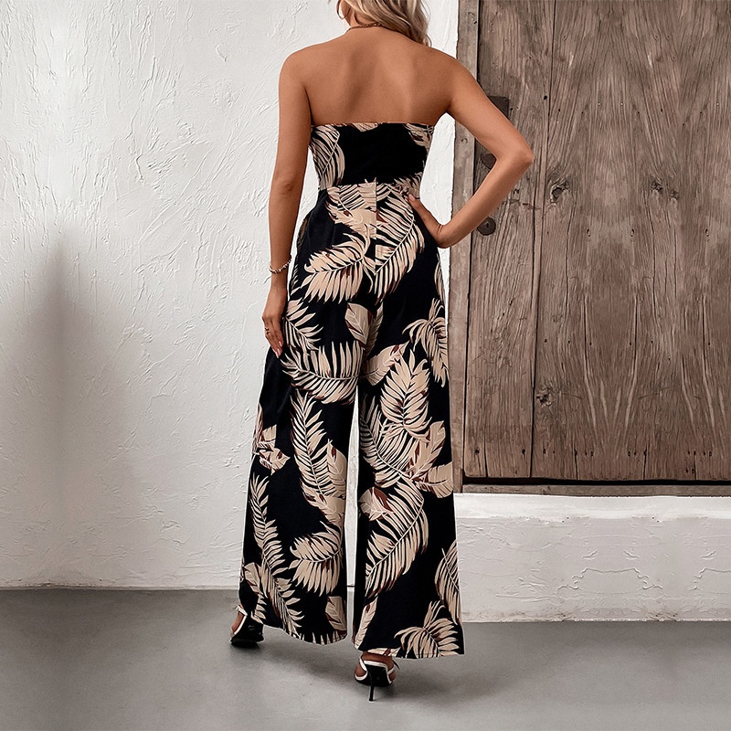 Strapless Tropical Print Wide Leg Jumpsuit