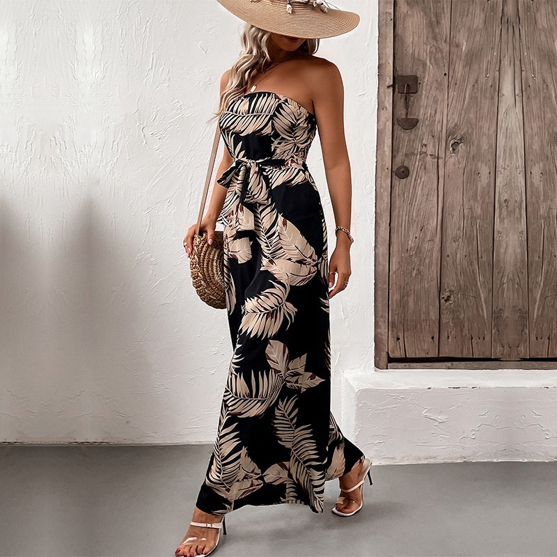 Strapless Tropical Print Wide Leg Jumpsuit