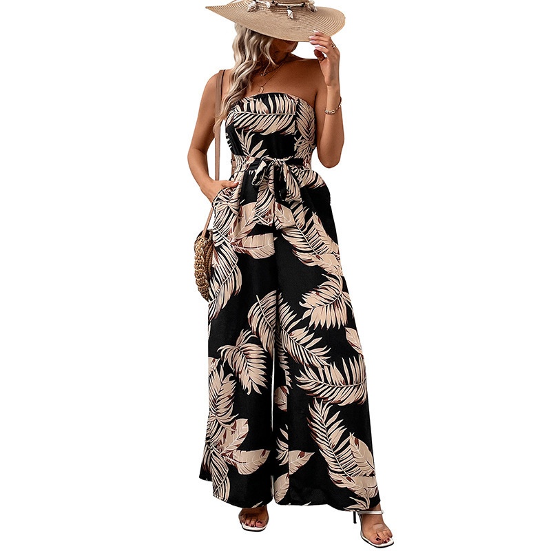 Strapless Tropical Print Wide Leg Jumpsuit