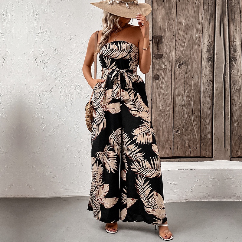 Strapless Tropical Print Wide Leg Jumpsuit