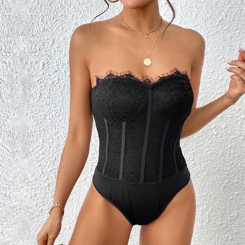 Black Lace Strapless Bodysuit Top - Corset Style