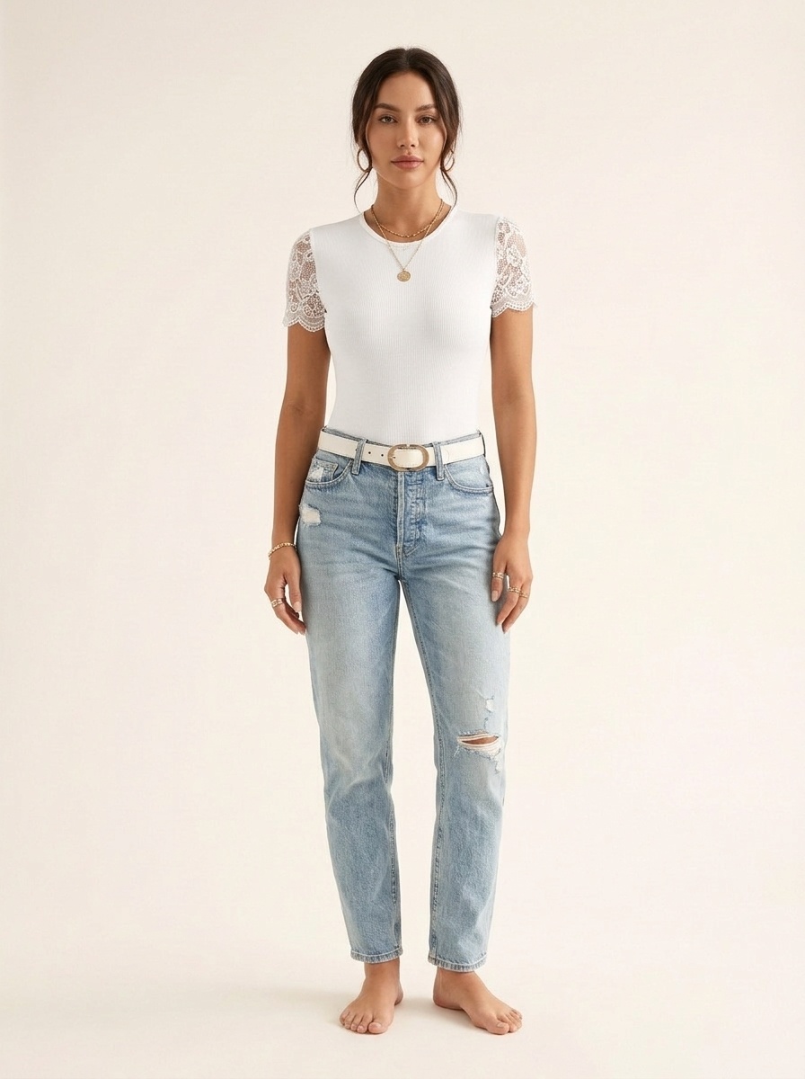 Women's Ribbed Knit Lace Sleeve Bodysuit