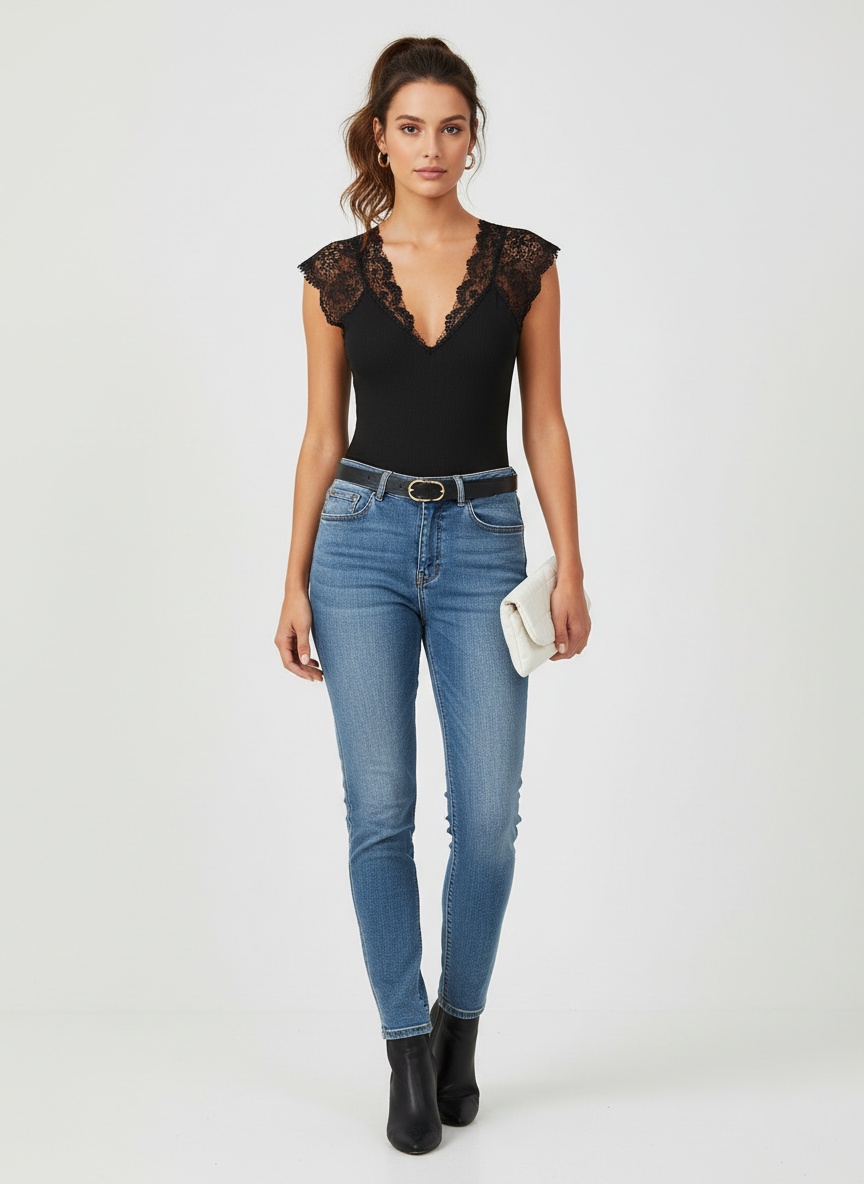 Black Ribbed Lace Cap Sleeve V-Neck Bodysuit