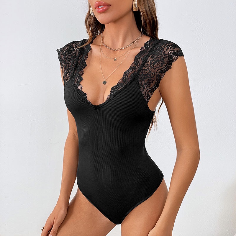 Black Ribbed Lace Cap Sleeve V-Neck Bodysuit