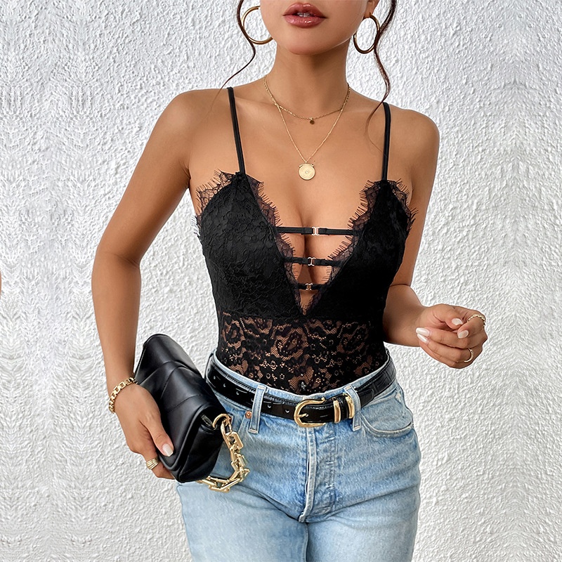 Black Lace Deep V Strappy Bodysuit with Fringe Trim