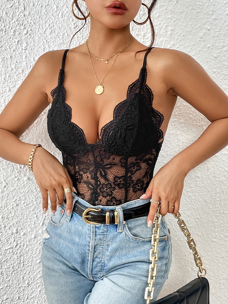 Black Scallop Lace Bodysuit - Elegant Floral Lingerie Top