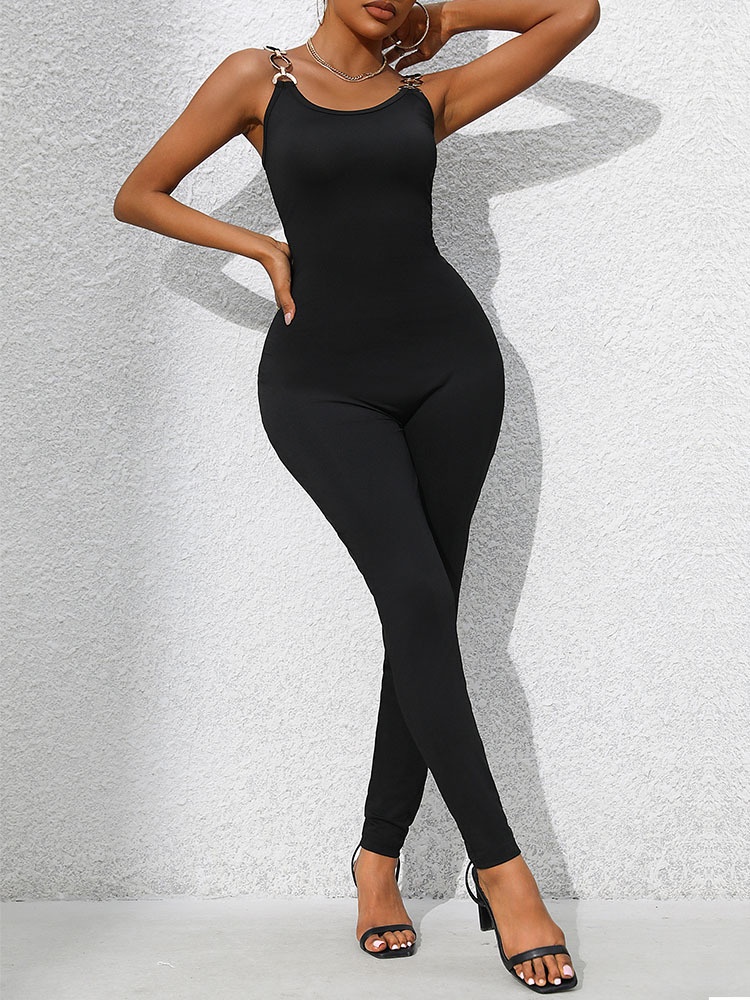 Chic Black Bodycon Jumpsuit with Ring Detail Straps