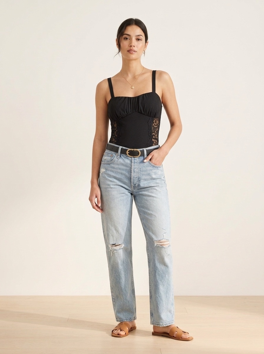 Black Ribbed Lace Panel Bodysuit - Sweetheart Neck