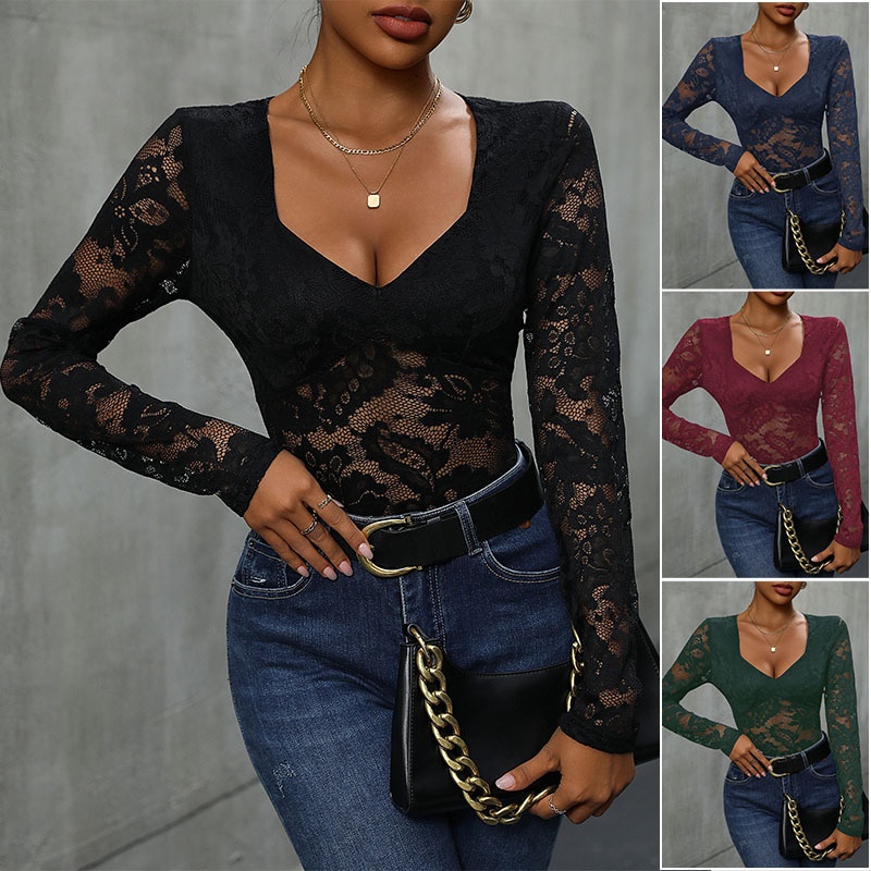 Women's Lace V-Neck Long Sleeve Bodysuit Top
