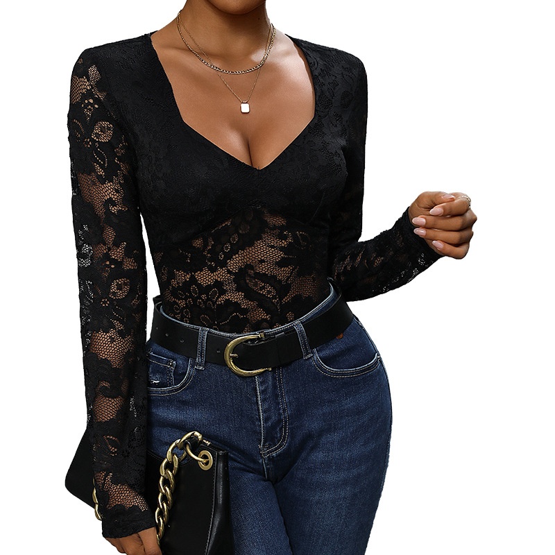 Women's Lace V-Neck Long Sleeve Bodysuit Top